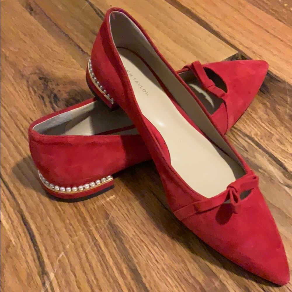 Ann Taylor Red Suede Flats with Bow and Pearls